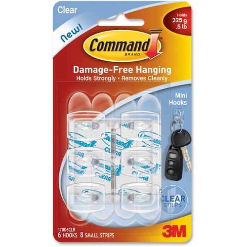 Command Mini Clear Hooks with Clear Strips - 225 g Capacity - Clear, Clear - 6/ Pack