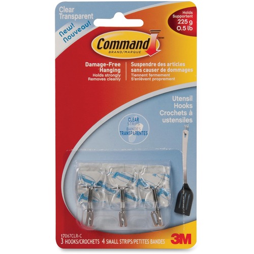 Command Small Clear Wire Hooks with Clear Strips - 3 Small Hook - 226.8 g Capacity - Clear, Clear - 1 / Pack