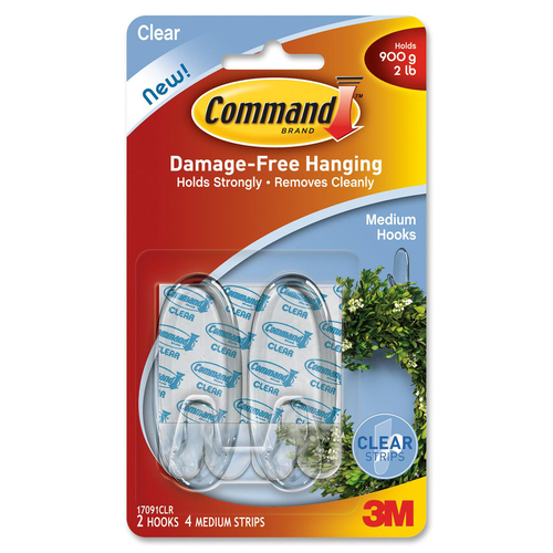Command Clear Medium Hooks with Clear strips - 2 Medium Hook - 907.2 g Capacity - Clear, Clear - 2 / Pack