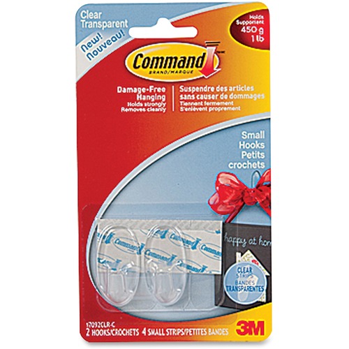 Command Clear Small Hooks - 2 Small Hook - 453.6 g Capacity - Clear, Clear - 2 / Pack - Hooks & Hangers - MMM17092CLRC
