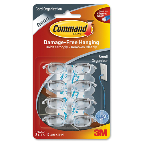 3M Cord Clips, Small, 12 Adhesive Strips, 8/Pack, Clear - 1 Pack