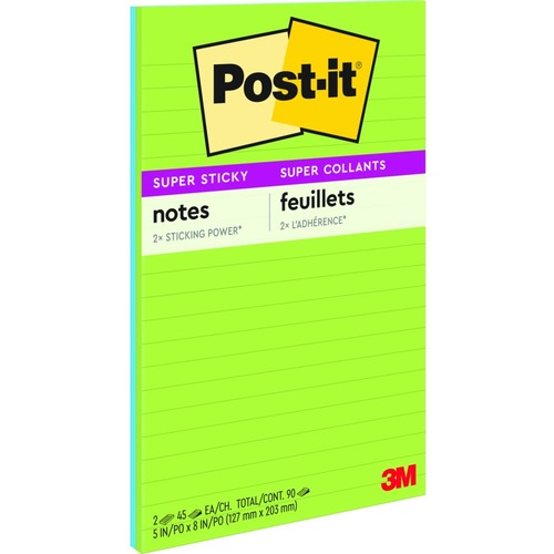 Post-it® Super Sticky Adhesive Note - 5" x 8" - Rectangle - Ruled - Jewel Pop - 2 / Pack - Adhesive Note Pads - MMM5845SS