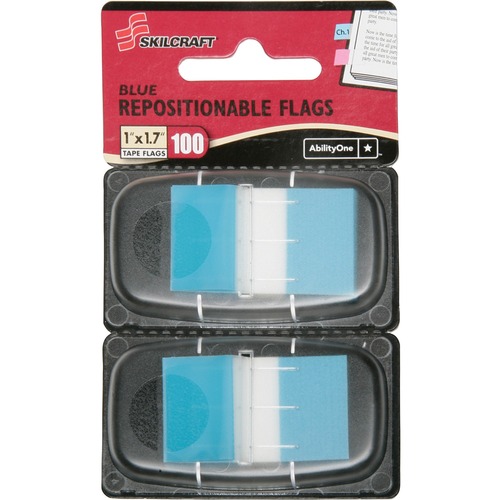 SKILCRAFT Removable Self-stick Flags Dispenser - 100 x Bright Blue - 1" x 1.70" - Rectangle - Blue - Self-adhesive, Removable, Reusable - 100 / Pack