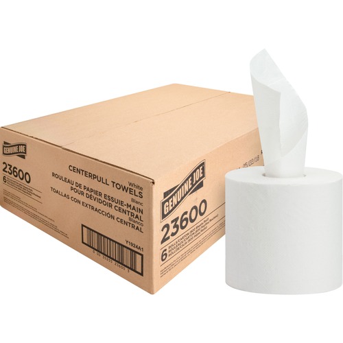 Genuine Joe Centerpull Paper Towels - 2 Ply - 600 Sheets/Roll - White - Fiber - Non-chlorine Bleached, Center Pull - For Washroom - 600 - 6 / Carton = GJO23600