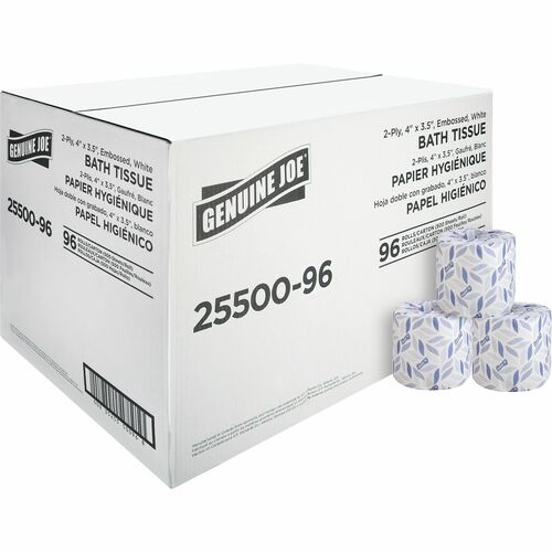 Genuine Joe 2-ply Standard Bath Tissue Rolls - 2 Ply - 4" x 3.20" - 500 Sheets/Roll - 1.63" Core - White - 96 / Carton