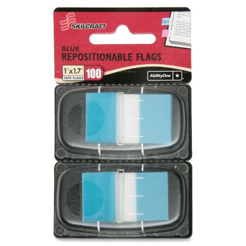 SKILCRAFT Removable Self-stick Flags Dispenser - 1" Flag/Note Width x 1 45/64" Flag/Note Length - Rectangle - Bright Blue - Self-adhesive, Removable, Reusable, Repositionable - Dispenser Included - 100 / Pack