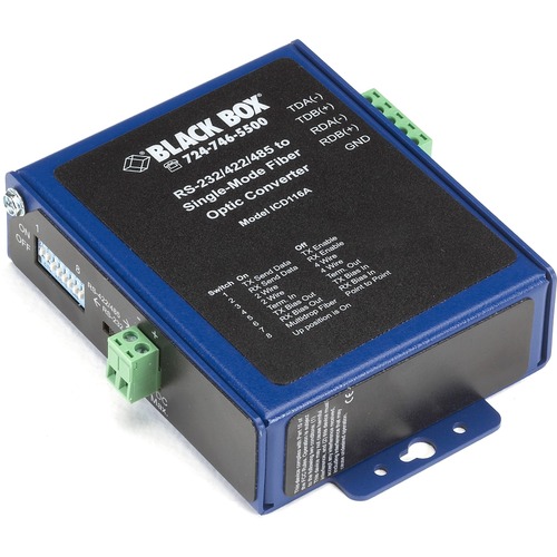 Black Box Industrial Opto-Isolated Serial to Fiber Single-Mode SC Converter - 1 x SC Ports - 9.32 Mile - Rail-mountable - TAA Compliant