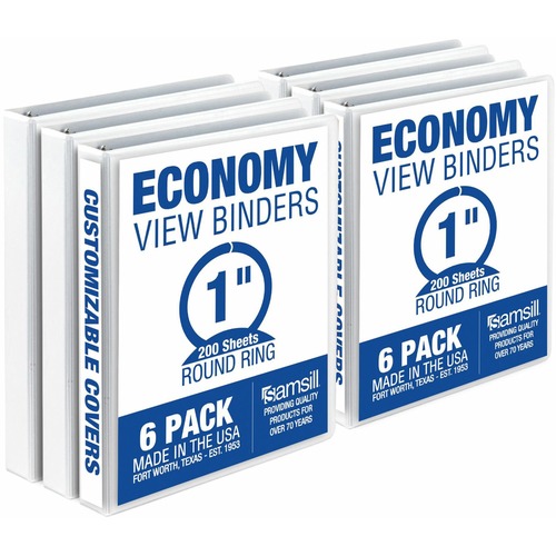 Samsill Economy 1 Inch 3 Ring Binder, Made in the USA, Round Ring Binder, Non-Stick Customizable Cover, White, 6 Pack (I08537) - 1" Binder Capacity - 200 Sheet Capacity - 3 x Round Ring Fastener(s) - Polypropylene, Chipboard, Plastic - White - 4.02 lb - R