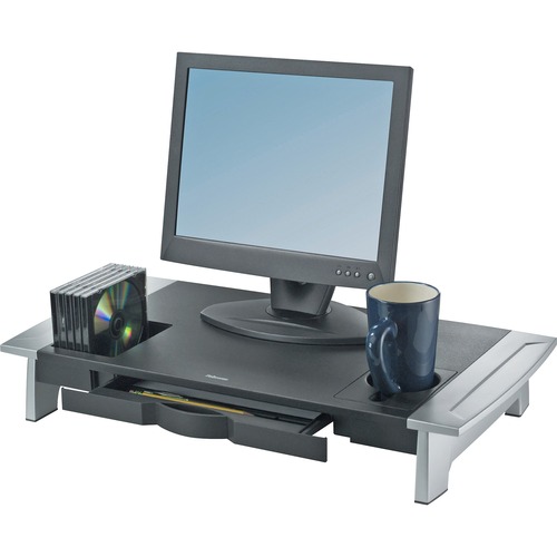 Fellowes Office Suites Premium Monitor Riser - Up to 21" Screen Support - 36.29 kg Load Capacity - CRT Display Type Supported - 4.19" (106.43 mm) Height x 27" (685.80 mm) Width x 14.06" (357.12 mm) Depth - Desktop - Silver, Black - Monitor Stands/Risers - FEL8031001