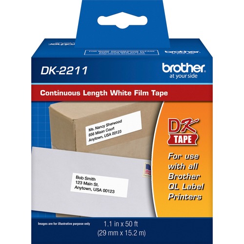 Brother Continuous Length White Film DK Tape - 1 9/64" Width x 50 ft Length - Removable Adhesive - Direct Thermal - White - Jam-free - 1 Roll