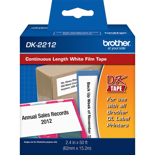 Brother DK2212 - Continuous Length Film Tape - 2.44" Width x 50 ft Length - Direct Thermal - White - 1 / Roll