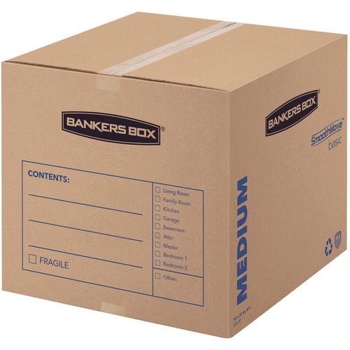 Fellowes SmoothMove Basic Medium Moving Boxes - Internal Dimensions: 18" Width x 18" Depth x 16" Height - External Dimensions: 18.3" Width x 18.3" Depth x 16.4" Height - Medium Duty - Corrugated - Kraft, Black - Recycled - 20 / Carton
