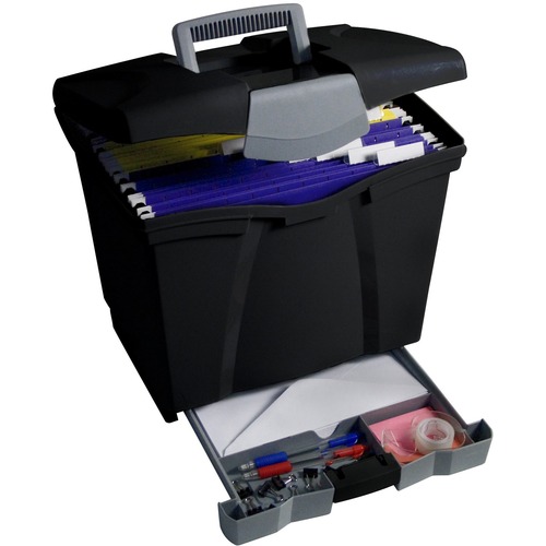 Storex Portable File Boxes w/Supply Drawer - External Dimensions: 13" Width x 11.3" Depth x 14"Height - Media Size Supported: Letter - Latching Closure - Plastic - Black - For File, Hanging Folder - Recycled - 1 Each