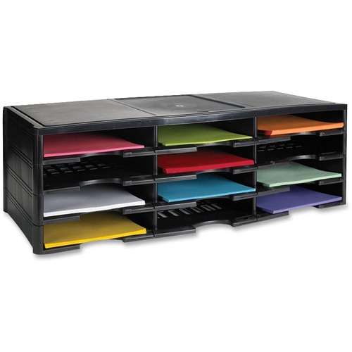 Storex 12-Compartment Litreature Organizers - 12 Compartment(s) - Compartment Size 2.13" (53.98 mm) x 9.25" (234.95 mm) x 12.50" (317.50 mm) - Durable, Removable, Label Holder, Stackable - Black - Plastic - 1 Each - Literature Organizers/Sorters - STX61602B01R