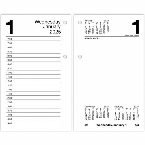 At-A-Glance Recycled Loose-Leaf Desk Calendar Refill - Standard Size - Julian Dates - Daily - 12 Month - January 2025 - December 2025 - 7:00 AM to 5:00 PM - Half-hourly - 1 Day Double Page Layout - 3 1/2" x 6" White Sheet - 2-ring - Desktop - Paper - 6" H