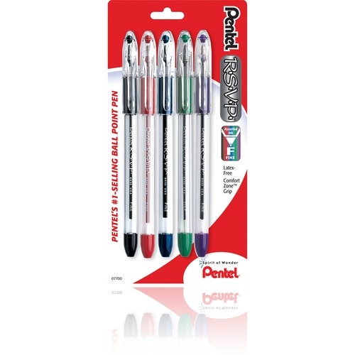 Pentel R.S.V.P. Ballpoint Pens, 5 Pack - 0.7 mm Pen Point Size - Refillable - Black, Blue, Red, Green, Violet - Stainless Steel Tip - 5 Pack