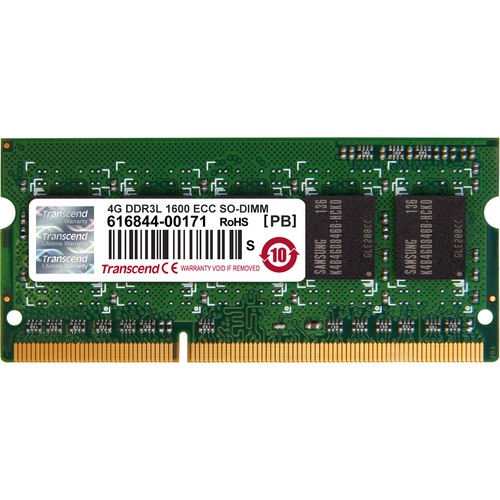 Transcend 4GB DDR3L 1600 ECC-SODIMM CL11 1Rx8 - 4 GB (1 x 4GB) - DDR3-1600/PC3-12800 DDR3 SDRAM - 1600 MHz - CL11 - 1.35 V - ECC - Unbuffered - 204-pin - SoDIMM