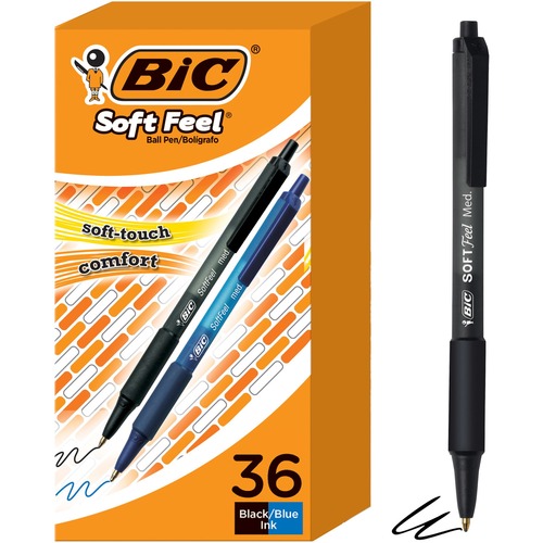 BIC SoftFeel Retractable Ball Pens - Medium Pen Point - 1 mm Pen Point Size - Retractable - Black, Blue - Blue Rubber, Black Barrel - Brass Tip - 36 / Box