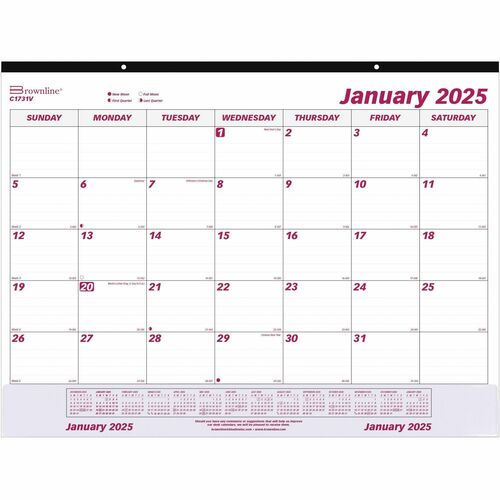 Brownline Vinyl Strip Monthly Desk Pad - Julian Dates - Monthly - 12 Month - January 2024 - December 2024 - 1 Month Single Page Layout - 22" x 17" Sheet Size - Desk Pad - White - Chipboard - Tear-off, Reinforced, Perforated, Reference Calendar, Hole-punch