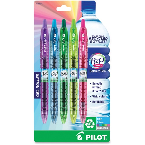 Pilot Bottle to Pen (B2P) B2P BeGreen Fine Point Gel Pens - Fine Pen Point - 0.7 mm Pen Point Size - Refillable - Retractable - Green, Lime, Pink, Purple, Turquoise Gel-based Ink - Translucent Green Plastic, Translucent Lime, Translucent Pink, Translucent