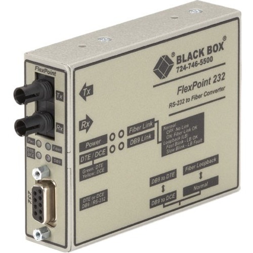 Black Box FlexPoint Modular Media Converter, RS-232 to Fiber, Single-Mode, 30 km, ST - 1 x ST Ports - DuplexST Port - Single-mode - 1310 nm Fiber - 17.40 Mile - DC - Internal, Standalone, Wall Mountable