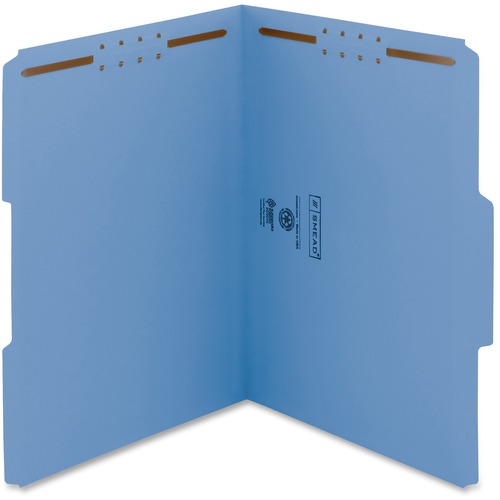 Smead WaterShed/CutLess 1/3 Tab Cut Letter Recycled Fastener Folder - 8 1/2" x 11" - 2 x 2K Fastener(s) - Top Tab Location - Assorted Position Tab Position - Blue - 30% Paper Recycled - 50 / Box