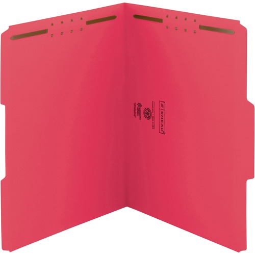 Smead WaterShed/CutLess 1/3 Tab Cut Letter Recycled Fastener Folder - 8 1/2" x 11" - 2 x 2K Fastener(s) - Top Tab Location - Assorted Position Tab Position - Red - 30% Paper Recycled - 50 / Box