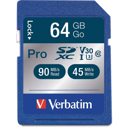 Verbatim 64GB Pro 600X SDXC Memory Card, UHS-I V30 U3 Class 10 - 90 MB/s Read - 45 MB/s Write - 600x Memory Speed - Lifetime Warranty = VER98670