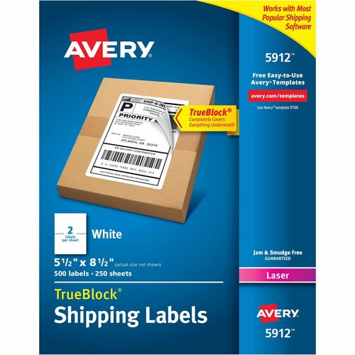 Avery® TrueBlock Shipping Label - 5 1/2" Width x 8 1/2" Length - Permanent Adhesive - Rectangle - Laser - White - Paper - 2 / Sheet - 250 Total Sheets - 500 Total Label(s) - 500 / Pack