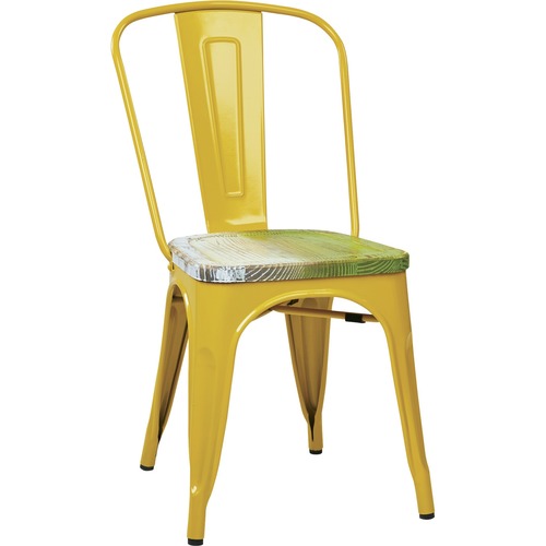 OSP Designs Yellow Frame Metal Chair with Vintage Wood Seat - Pine Alice Vintage Wood Seat - Yellow Metal Back - Yellow Metal Frame - 4 Pack