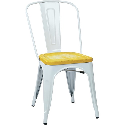 OSP Designs White Frame Metal Chair with Vintage Wood Seat - Ash Yellow Stone Vintage Wood Seat - White Metal Back - White Metal Frame - 4 Pack