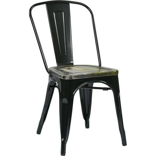 OSP Designs Black Frame Metal Chair with Vintage Wood Seat - Ash Cameron Vintage Wood Seat - Black Metal Back - Black Metal Frame - 4 Pack