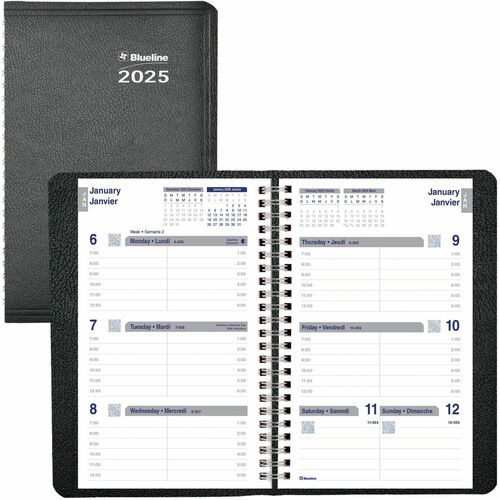 Blueline Net Zero Carbon Weekly Planner - Weekly, Daily - 1 Year - January 2022 till December 2022 - 7:00 AM to 6:00 PM - Hourly - 1 Week Double Page Layout - Twin Wire - Black - 8" Height x 5" Width - Soft Cover, Flexible Cover, Eco-friendly, Bilingual -
