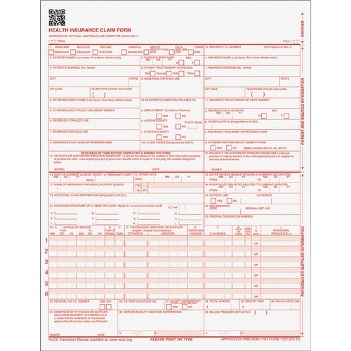 TOPS CMS-15000 Health Insurance Claim Forms - 20 lb - 11" x 8.50" Sheet Size - White Sheet(s) - Red Print Color - 250 / Pack