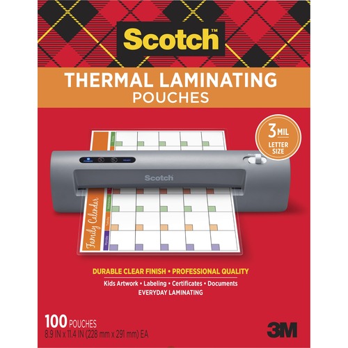 Scotch Thermal Laminating Pouches - Sheet Size Supported: Letter 3 mil Thickness - Laminating Pouch/Sheet Size: 9" Width x 11.50" Length x 3 mil Thickness - Glossy - for Document, Photo, Artwork, Certificate, Sign, Card, Schedule, Presentation, Phone List