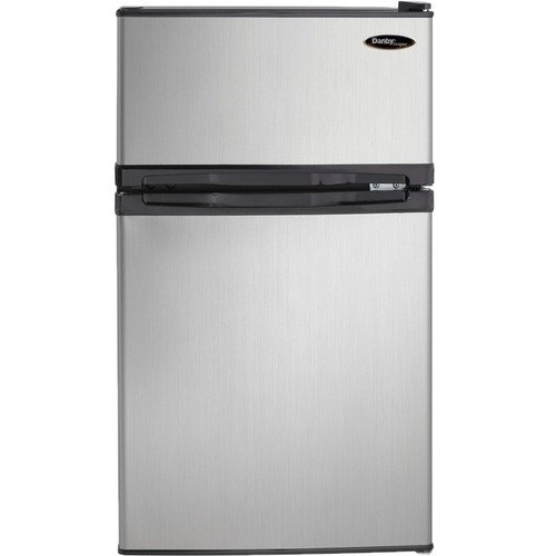 Danby Designer Dual Door Compact Fridge with Freezer - 3.10 ft³ - Top Mount - Reversible - 2.23 ft³ Net Refrigerator Capacity - 0.87 ft³ Net Freezer Capacity - 120 V AC - 319 kWh per Year - Stainless - Smooth