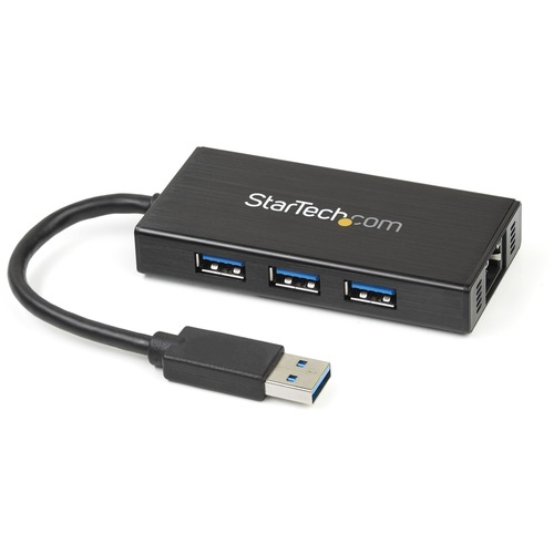 StarTech.com 3 Port Portable USB 3.0 Hub with Gigabit Ethernet Adapter NIC - 5Gbps - Aluminum w/ Cable - Add 3 external USB 3.0 ports w/ UASP and a Gb Ethernet port to your laptop through one USB 3.0 port - 3 Port Portable USB 3.0 Hub w/ Gb Ethernet Adapt