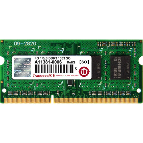Transcend DDR3 1333 SO-DIMM 4GB 9-9-9 1Rx8 - 4 GB DDR3 SDRAM - 1333 MHz - CL9 - 1.50 V - Non-ECC - Unbuffered - 204-pin - SoDIMM