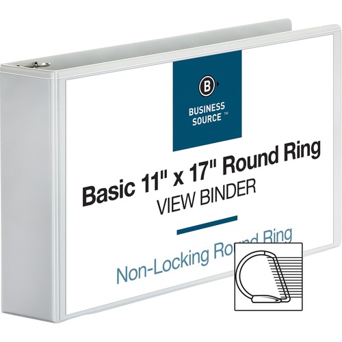 Business Source Tabloid-size Round Ring Reference Binder - 3" Binder Capacity - Tabloid - 11" x 17" Sheet Size - Round Ring Fastener(s) - White - Recycled - Durable, Clear Overlay - 1 Each
