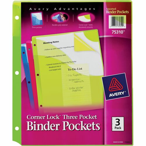 Avery® Corner Lock Binder Pockets - 20 x Page Capacity - For Letter 8 1/2" x 11" Sheet - 3 x Holes - Ring Binder - Rectangular - Blue, Green, Pink - Polypropylene - 3 / Pack