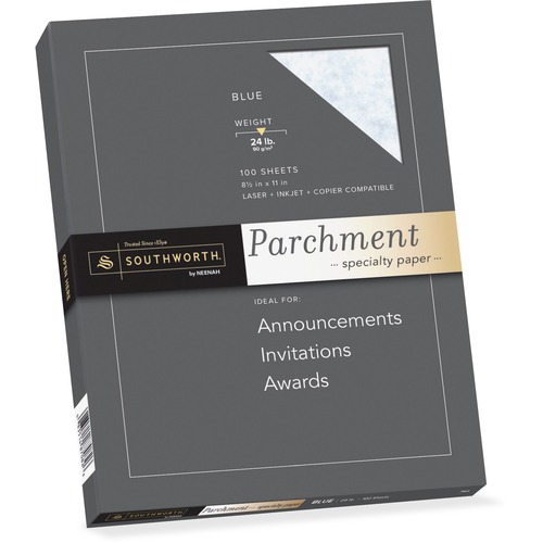 Southworth Parchment Specialty Paper - Blue - Letter - 8 1/2" x 11" - 24 lb Basis Weight - Parchment - 100 / Box - Acid-free, Lignin-free, Non-yellowing - Blue