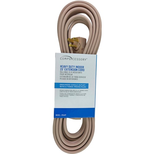 Compucessory Heavy Duty Indoor Extension Cord - 14 Gauge - 125 V AC / 15 A - Gray - 15 ft Cord Length - 1 - Extension Cords - CCS25147