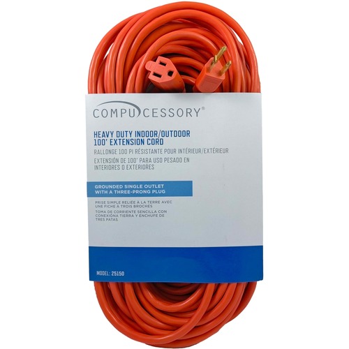 Compucessory Heavy-duty Indoor/Outdoor Extension Cord - 16 Gauge - 125 V AC / 13 A - Orange - 100 ft Cord Length - 1