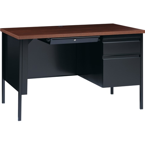 Lorell Fortress Series 48" Right Single-Pedestal Desk - Laminated Rectangle, Walnut Top - 30" Table Top Length x 48" Table Top Width x 1.1" Table Top Thickness - 29.5" Height - Assembly Required - Black Walnut - Steel