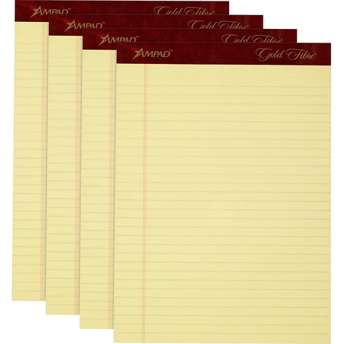 TOPS Gold Fibre Premium Rule Writing Pads - Letter - 50 Sheets - Watermark - Stapled/Glued - 0.34" Ruled - 20 lb Basis Weight - Letter - 8 1/2" x 11" - Yellow Paper - Micro Perforated, Bleed-free, Chipboard Backing - 4 / Pack