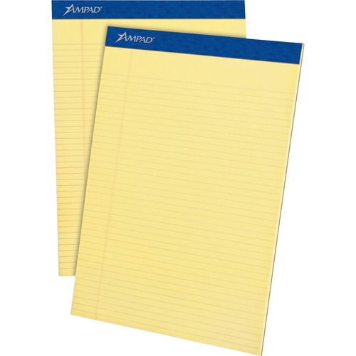 Ampad Writing Pad - 50 Sheets - Stapled - 0.25" Ruled - 15 lb Basis Weight - Letter - 8 1/2" x 11"8.5" x 11.8" - Canary Paper - Dark Blue Binding - Micro Perforated, Chipboard Backing, Sturdy Back, Tear Resistant - 1 Dozen
