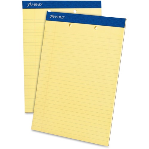 Ampad Writing Pad - 50 Sheets - Stapled - 0.34" Ruled - 15 lb Basis Weight - Letter - 8 1/2" x 11"8.5" x 11.8" - Canary Yellow Paper - Dark Blue Binding - Micro Perforated, Sturdy Back, Chipboard Backing, Tear Resistant - 1 Dozen