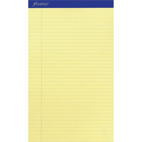 Ampad Writing Pad - 50 Sheets - Stapled - 0.34" Ruled - 15 lb Basis Weight - Legal - 8 1/2" x 14" Sheet Size - Canary Yellow Paper - Dark Blue Binding - Perforated, Sturdy Back, Chipboard Backing, Tear Resistant - 1 Dozen