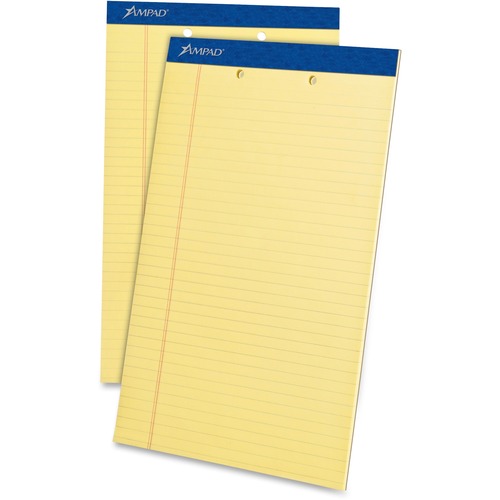 Ampad Writing Pad - 50 Sheets - Stapled - 0.34" Ruled - 2 Hole(s) - 15 lb Basis Weight - Legal - 8 1/2" x 14" - Canary Yellow Paper - Dark Blue Binding - Perforated, Sturdy Back, Chipboard Backing, Tear Resistant - 1 Dozen