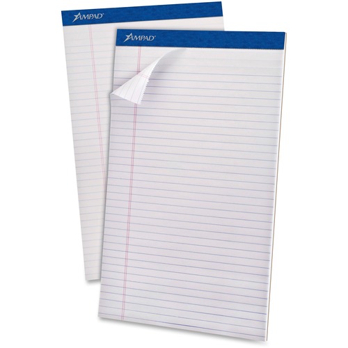 Ampad Perforated Ruled Pads - Legal - 50 Sheets - Stapled - 0.34" Ruled - 20 lb Basis Weight - Legal - 8 1/2" x 14" - White Paper - White Cover - Sturdy Back, Header Strip, Pinhole Perforated, Chipboard Backing - 1 Dozen